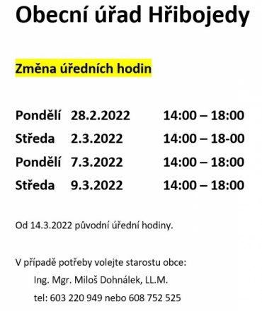 Změna úředních hodin do 14.3.2022