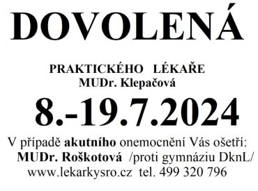 MUDr. Klepačová - DOVOLENÁ
